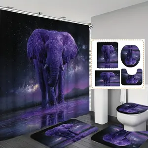 Elephant Print Shower Curtain Set, 1pc/4pc Bathroom Curtains with 12 Hooks, Non-Slip Mat, U-Shaped Floor Mat, Toilet Seat Cover