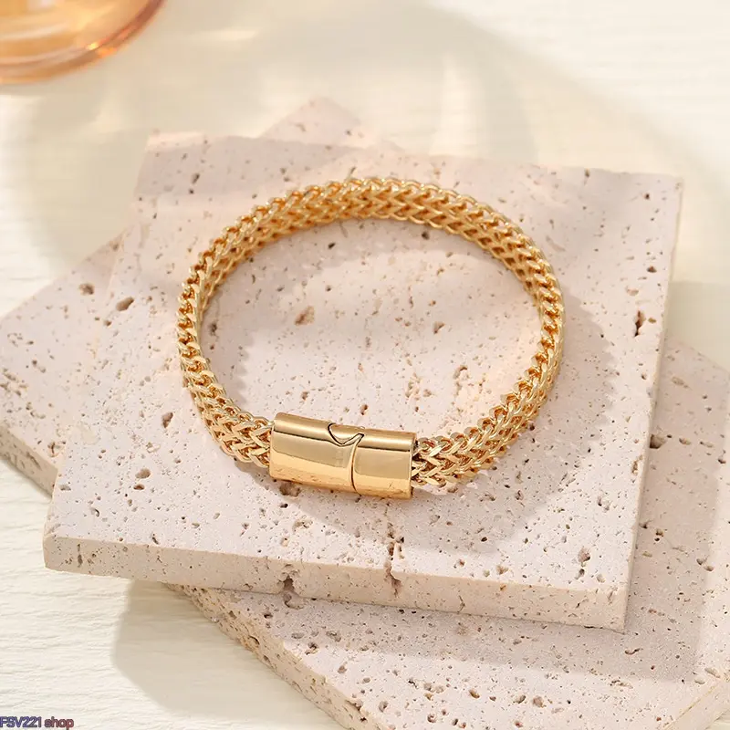 Men's Gold-Tone Double Franco Chain Bracelet - Stainless Steel Braided Wristband with Magnetic Clasp, Casual Costume Jewelry Accessory (19 cm/7.48in, 20 cm/7.87in, 21 Cm	/ 8.27In) campingessentials