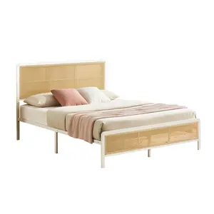 Full Rattan Bed Frame with LED Headboard, Black Metal Platform Bed Frame with Under-Bed Storage, Rounded Corner Design, Noise Free, No Box Spring Needed - Durable and Stylish(White)