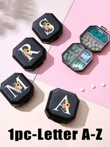 Portable Compartment Medicine Box, Rose Daisy Sunflower A-Z Pattern, Medical First Aid Kit, 6-Compartment Capsule Holder, Travel Pill Case