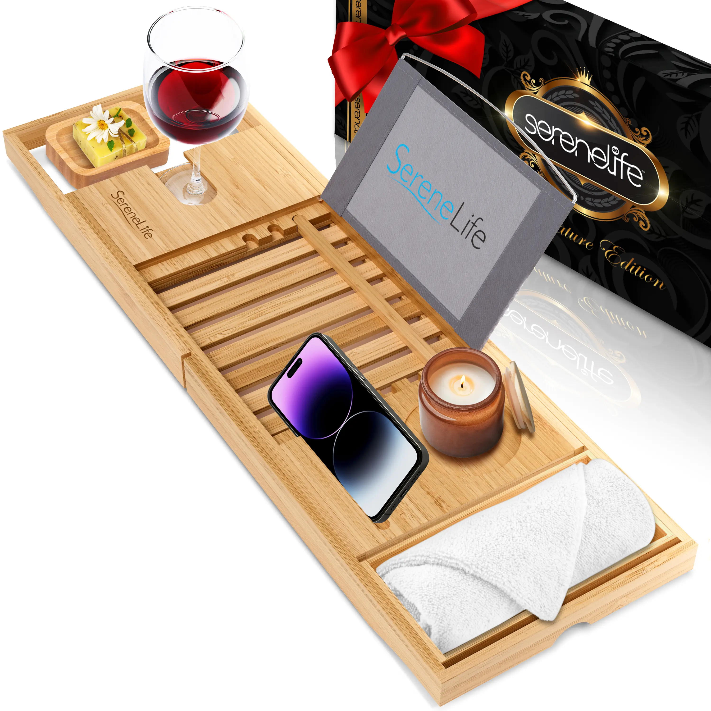 SereneLife 100% Bamboo Bathtub Caddy, Adjustable Bathroom Tray for Luxury Spa Relaxation, Waterproof with Book Holder & Organizer