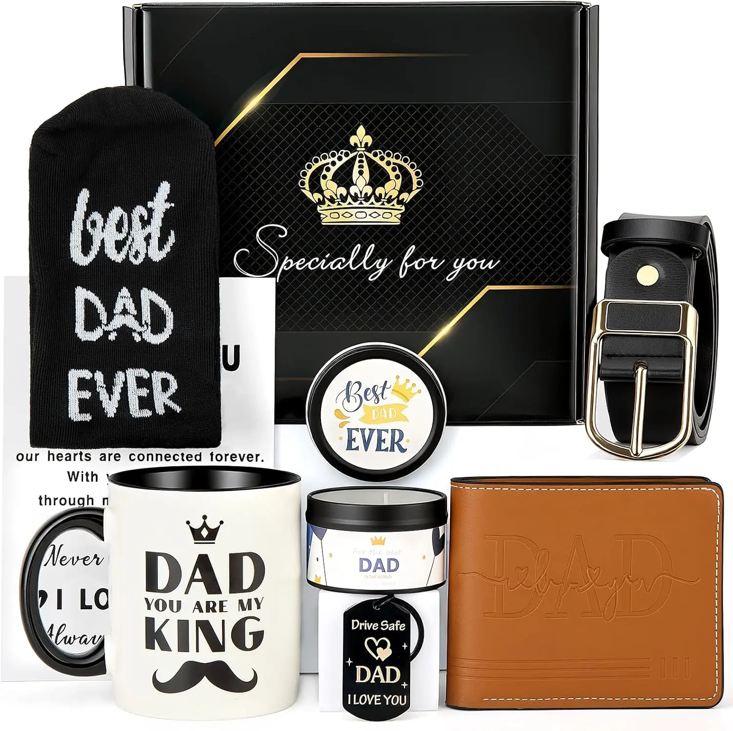 Father’s Day Gifts for Dad Best Dad Ever Gift Basket Set from Daughter & Son Men’s Black Gift Box with Mug, Wallet, Belt, Socks Birthday Gifts for Father, Papa, Husband