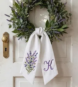Personalized Lavender Embroidered Sash for Wreath, Custom Initial Monogram Ribbon for Front Door Decor, Linen Wreath Bow, Home Decor Gift