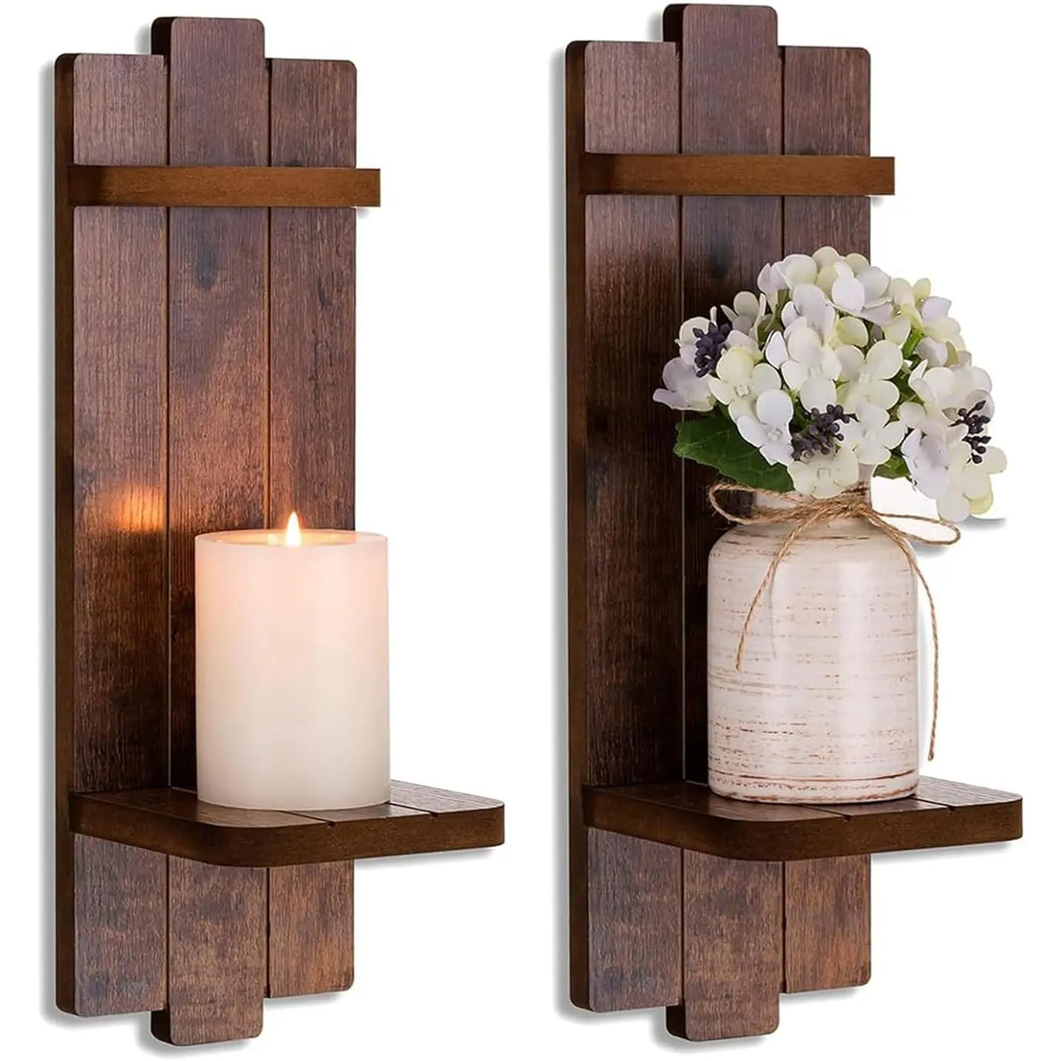 Rustic Candle Holder Farmhouse Wall Decor - Brown Candle Sconces Set of Two Wooden Vintage Hanging Wall Decoration for Fireplace Mantel Living Room Bedroom Dining Room