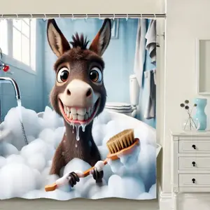 [Father's Day Gift] Whimsical Donkey Shower Curtain with Hooks - Machine Washable Polyester Bathroom Decor, Playful Bath Partition & Artistic Animal Design for Home, Elegant Shower Curtain, Home Decoration, Fun Decor, Durable Fabric, Home Decorators