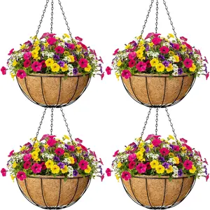 4 count 16 inch Metal  Baskets Round Wire  Stand with Coco Lining Cushion Decorative Planter Hanger Garden Indoor Outdoor Watering  Basket (XG)