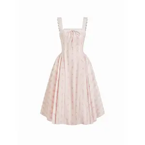 Cider Cotton Sweetheart Ditsy Floral Lace Up Ruffled Maxi Dress