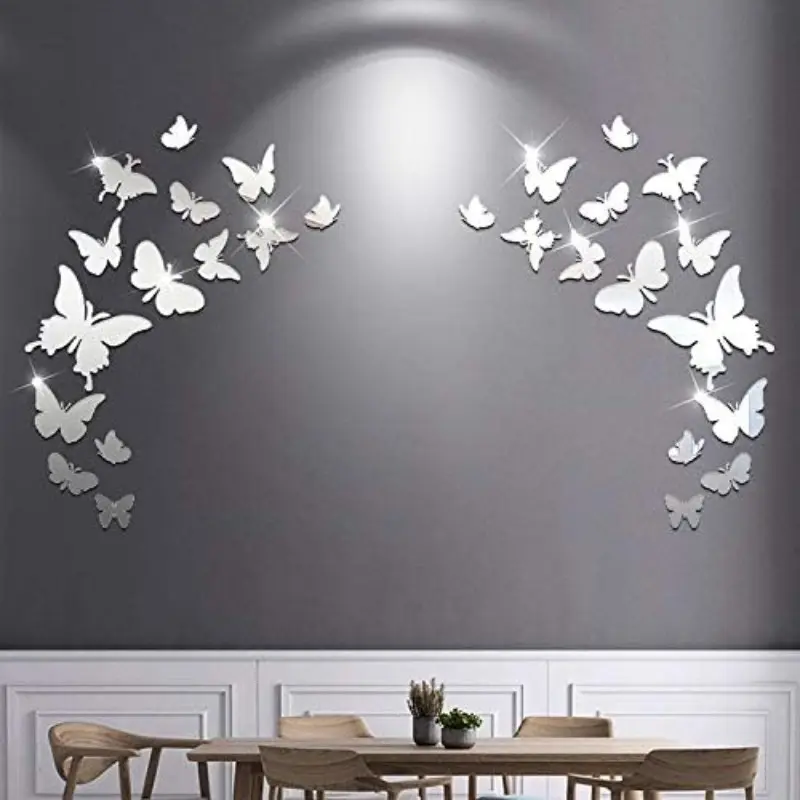 14-Piece Acrylic Silver Color Butterfly Wall Stickers, Decorative Wall Sticker, Modern DIY Mirror Wall Decals for Living Room Bedroom TV Background Wedding Dining Home Decor