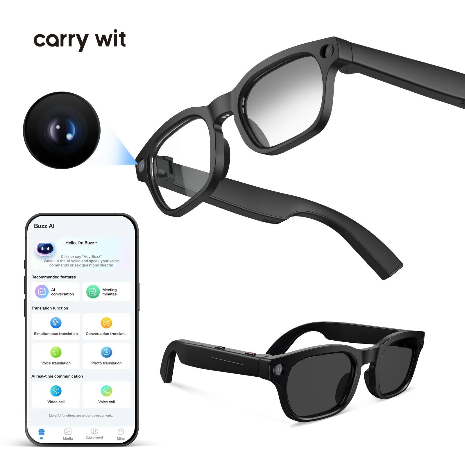 CARRY WIT L2 AI Smart Glasses with Camera, 1080P HD Video Recording, AI Assistant, Real-Time Translation, Bluetooth Audio & Calls, Photochromic Lenses, Hands-Free POV Recording, WiFi App Control for Travel, Outdoor Use (Smart Wearable Device)
