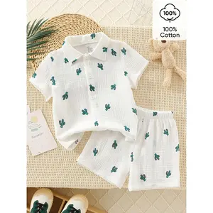 Boys' 2pcs Set: Vacation Style Cotton Crepe Cardigan with Short Sleeves and Comfortable Shorts, Suitable for Summer, Vacation Travel, and Outings, Perfect for Outdoor