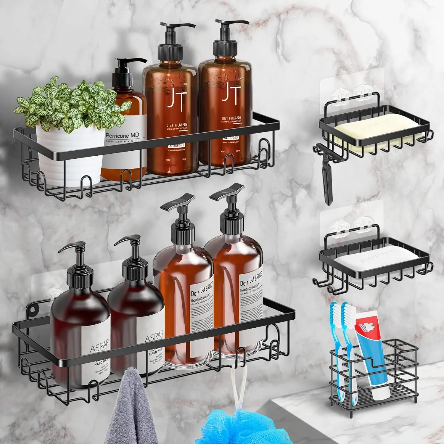 Adhesive Shower Caddy 5 Count, Large Capacity Bathroom Organizers and Storage, No Drilling Wall-Mounted Basket, Black