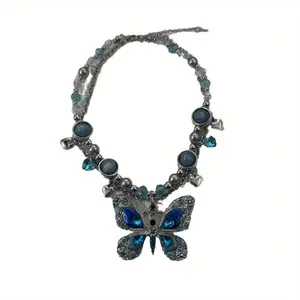 Y2K blue butterfly heavy industry necklace with blue gemstone, unisex, suitable for daily wear and party, year-round accessories, party accessories