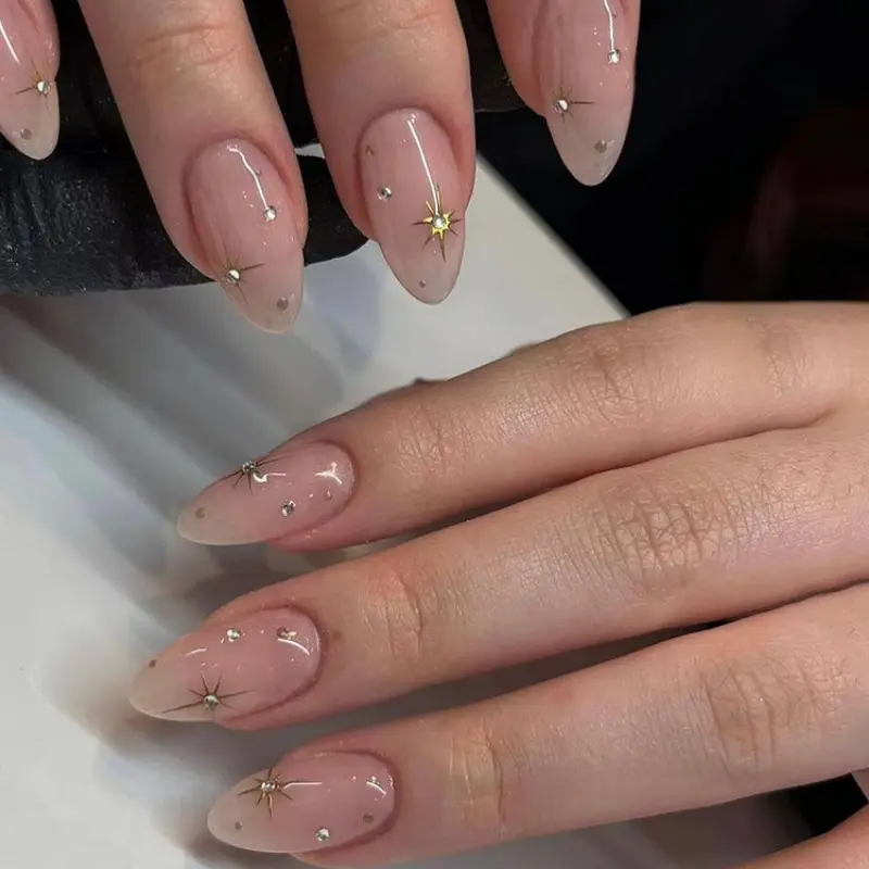 24pcs Long Almond Shape Nude Starry Wearable Nails, Nail Art Designs, Reusable with Gold Sparkles and Small Rhinestones, Includes Jelly Glue and Nail File, Nail Kit Set