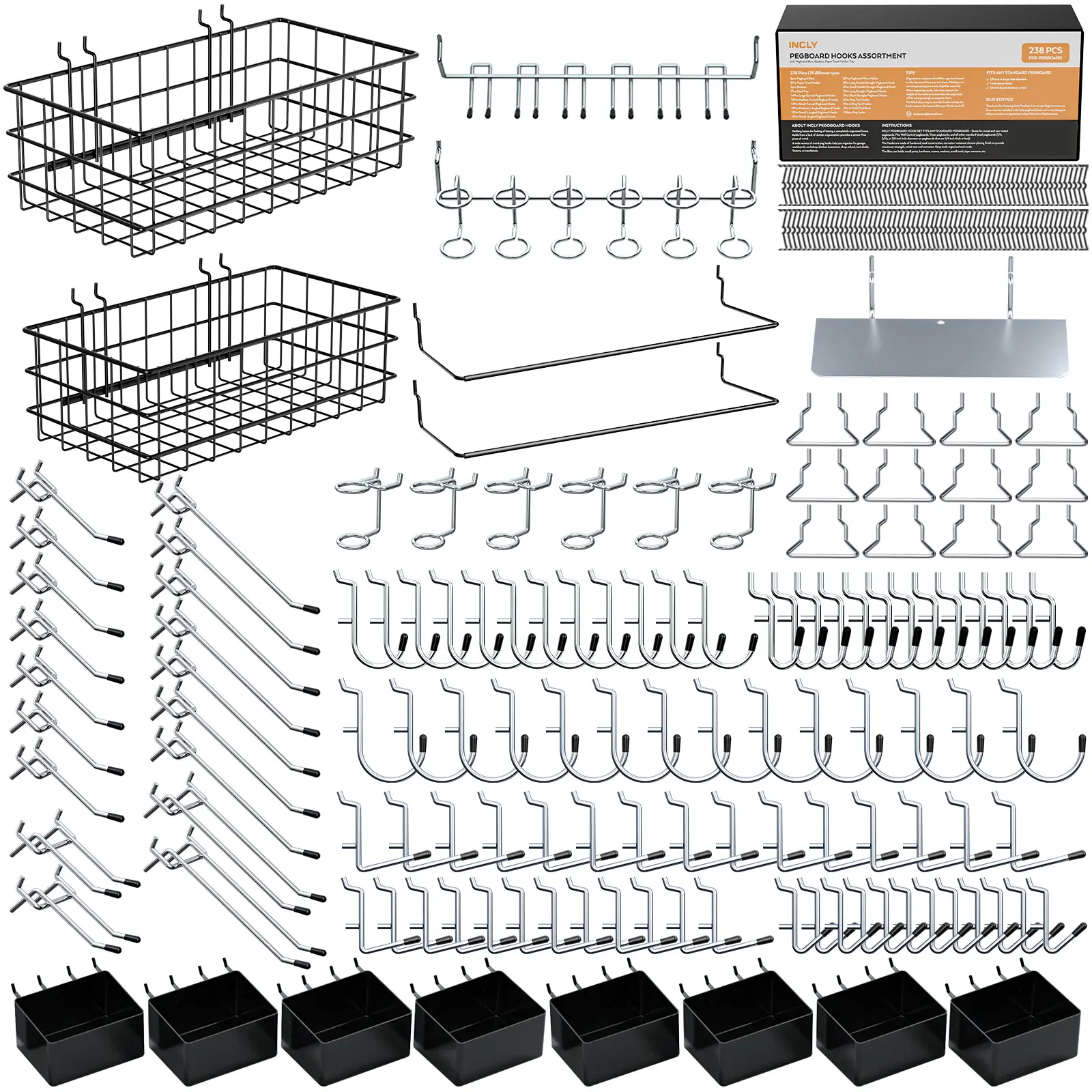 INCLY 238 Packs Pegboard Accessories Organizer Kit, Peg Board Hooks Assortment with Peg Bins, Baskets, Paper Towel Holder for 1/8 and 1/4 inch Pegboard Hanging Tools, Garage Wall Storage Attachments