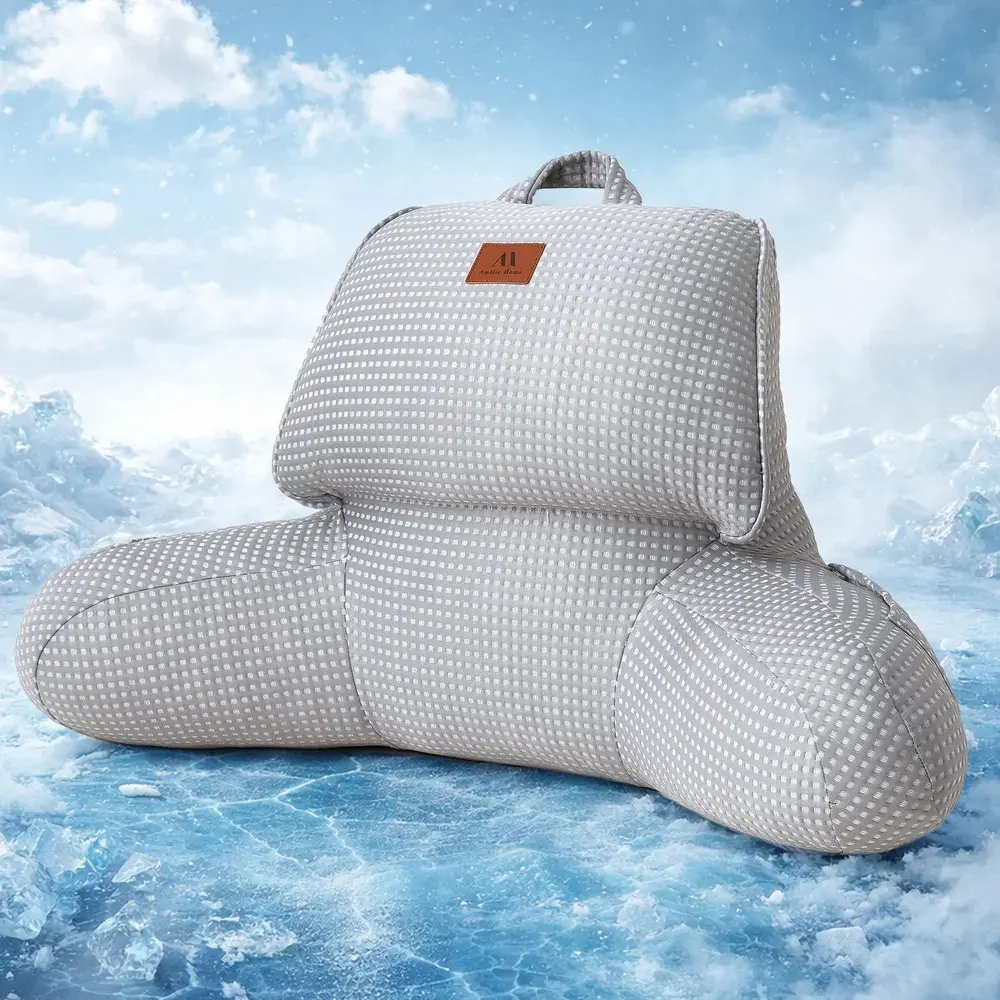 Amélie Home 2-in-1 Premium Cooling Waffle Reading Pillow, Qmax>0.37 Ergonomic Backrest with Pocket & Handle, Breathable 17in Lounging Pillow for Bed & Sofa Summer, Grey, 2-In-1 Reading Pillows
