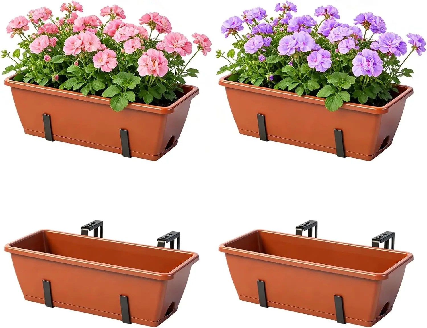 Railing Planter Box 4 Pack Window Boxes Planters with Adjustable Brackets | Flower Boxes For Railings,17 Inch Rectangular Hanging Planter For Indoor/ Outdoor Plants, Built-In Drainage Holes & Drip Tray