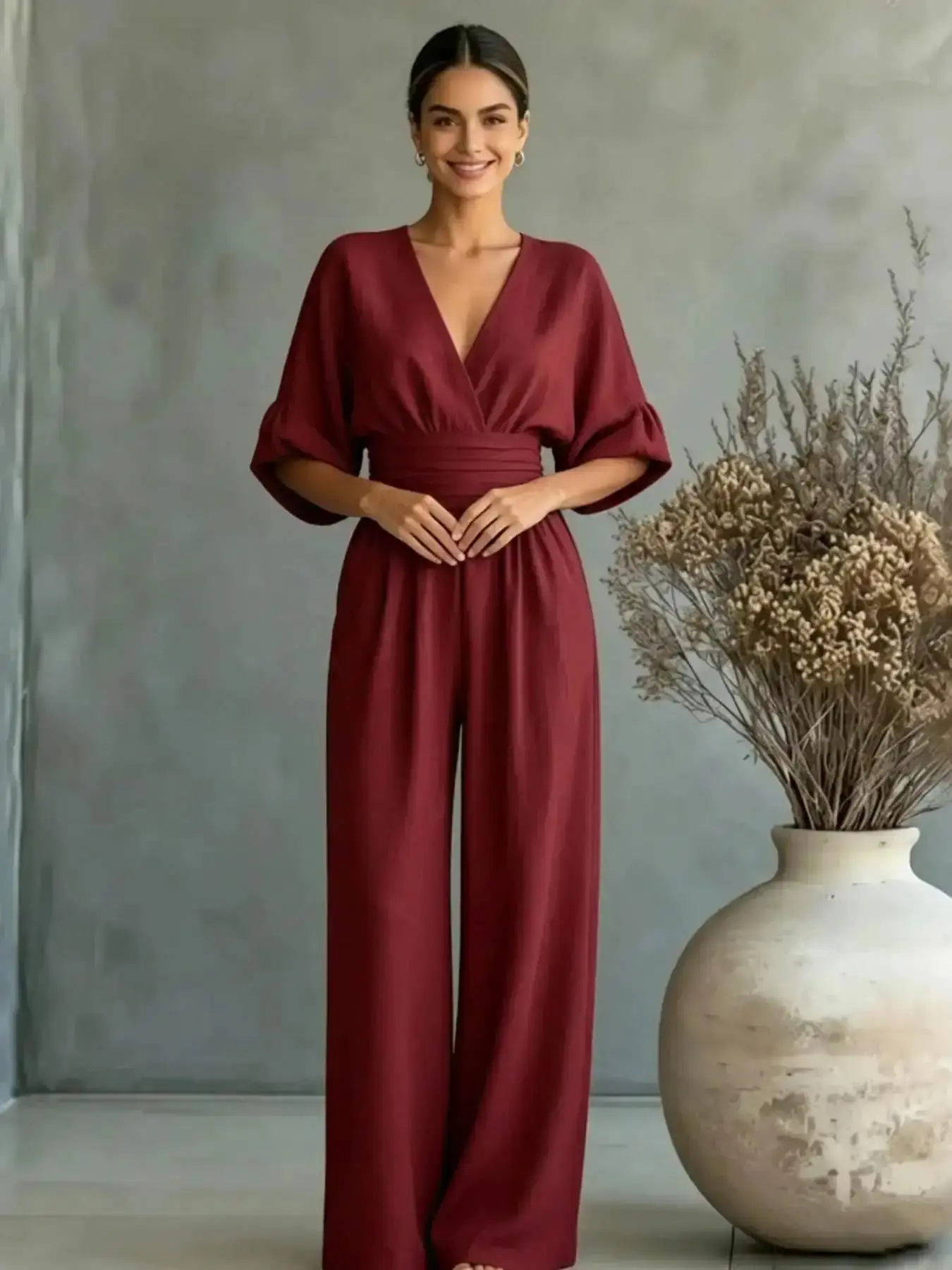 Summer Adventure Wear Jumpsuit, Elegant V-Neck One-Piece Wide Leg Design with Cinched Waist & Bubble Sleeve, Travel & Outdoor Event Ready, one-piece wonder, effortless chic, streamlined style, vacation chic