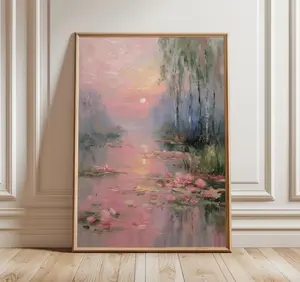 Pink Sunset Landscape Poster, impressionist wall art, serene lake reflection print, pastel sunrise painting, romantic nature decor