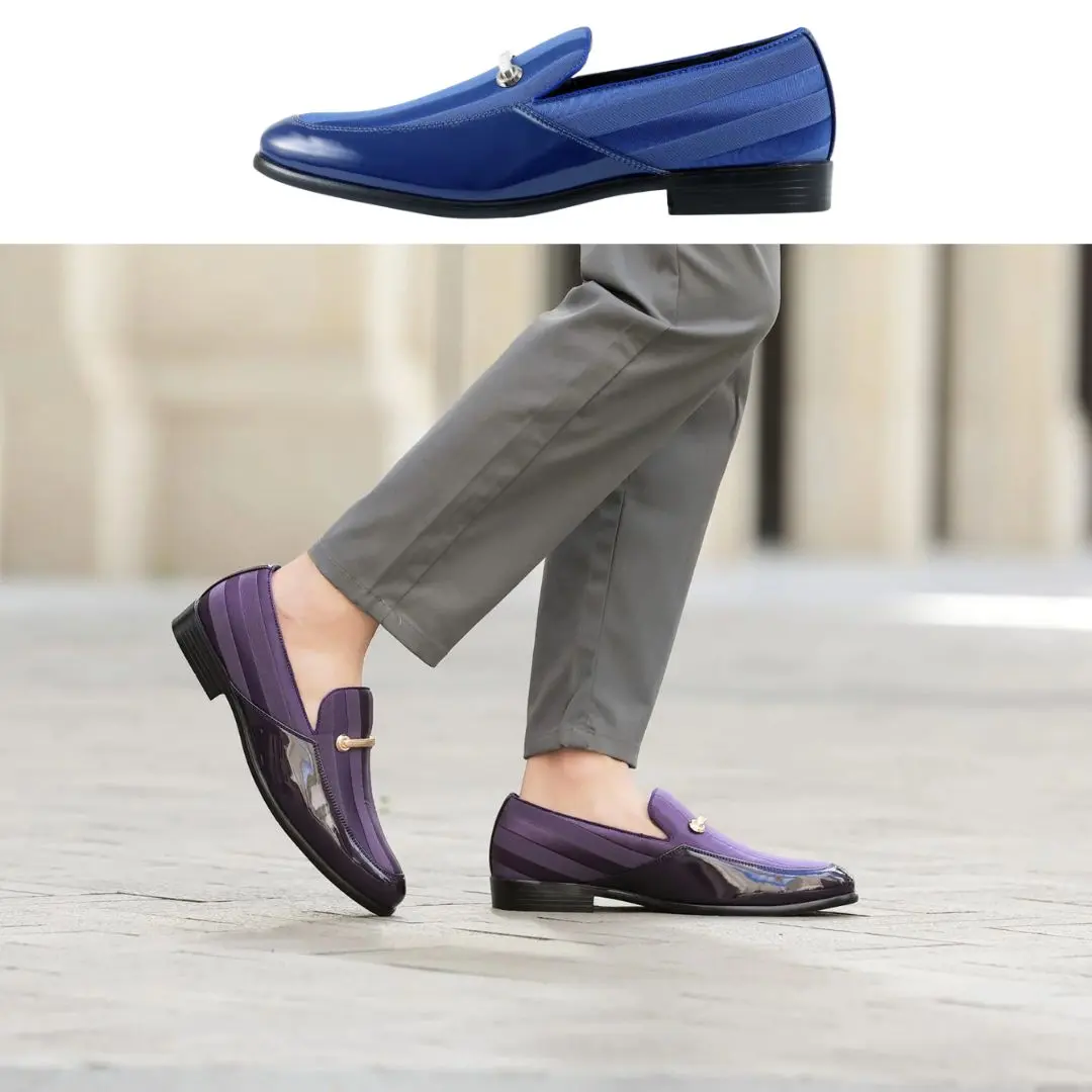 Amali Men's Mattia Tuxedo Loafers - Striped Satin & Patent Mixed Media Smoking Slippers with Silver Bit, Modern Formal Dress Shoes