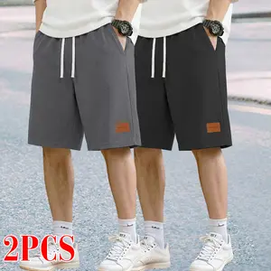 Men’s casual corduroy shorts set (2 pieces), featuring an elastic drawstring waist and fabric label — solid color, machine washable, regular fit for everyday wear; summer loose-fit shorts.