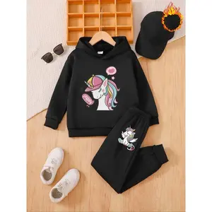 Girls’ autumn and winter two-piece set with wool lining, long-sleeve hooded sweatshirt, unicorn print, casual warm clothing GARMENTARY