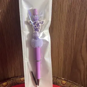 Customized Pens with Purple Pom Pom and Giraffe Design for Unique Writing Experience