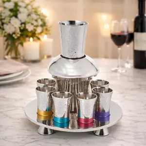 Hammered Stainless Steel Wine Fountain – 8 Cup Kiddush Cascade Set, Elegant Silver Finish