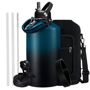 Stainless Steel Water Bottle 128/87/64oz with Straw & Auto Spout Lids, Paracord Handle, Gallon Insulated Water Bottle Carrier Bag & Bottle Protective Boot, Thermo Bottle Flask Metal Canteen Keep Cold-48H & Hot-24H