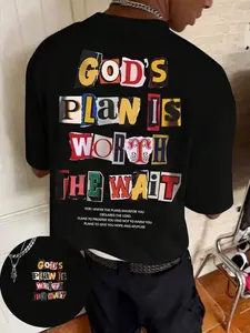American Vintage Patchwork Letter Slogan Short Sleeve T-Shirt, Loose Oversize Men's Streetwear Top, Casual Summer Tee