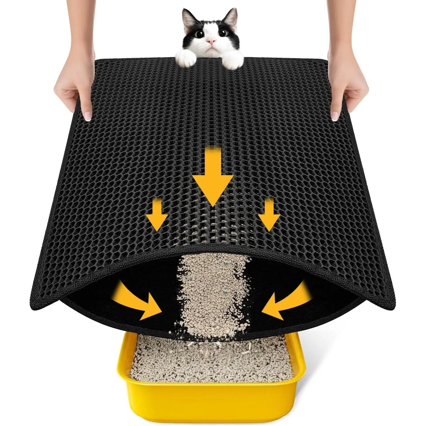 Black Compact Honeycomb Cat Litter Mat (23.6"x14.6") - 100% Waterproof PC Backing, Leakproof Base, Washable, Easy to Clean, Floor Safe, Litter Trapping, 1-Handed Pour, Compact Fit, Saves Time & Money, Ideal for Apartments, Small Spaces