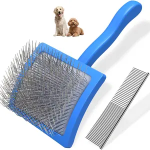 2PCS Slicker Brush for Dogs & Pet Comb,Professional Dog Grooming Brush (Goldendoodles,Poodles,Labradoodles) with Extra Long Pins to Effectively Remove Tangles, Knots and Mats-Pet Supplies(Large,Blue)