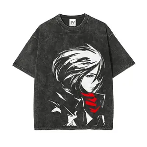 Menswear Oversized Attack on Titan T-Shirt - Mikasa Ackerman Red Scarf Sketch, Vintage Anime Graphic, Soft Round Neck Shortsleeve, Acid Wash Streetwear, Heavyweight Cotton Harajuku Unisex Boyfriend Style Top, Anime Merchandise
