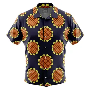 One Piece Hawaiian Shirt - Unisex Navy Button-Up with Luffy Dressrosa Sunflower Pattern Casual Short Sleeves Comfortable 65% Polyester 35% Cotton Blend Fabric Menswear