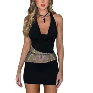 Sexy Slim Deep U-neck Dress With Sequin Mesh