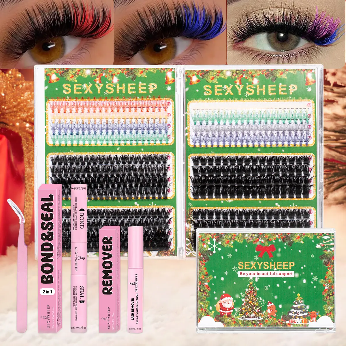 Christmas DIY Eyelash Extension Kit, Mixed Colors, 60D-200D, Synthetic Fiber, D Curl, 480 Strands, Includes Glue, Sealant, Remover, Tweezers