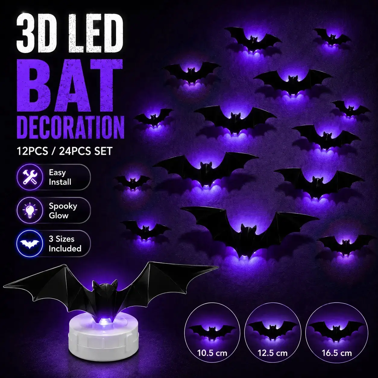 3D Bat Light LED Decorations, 12pcs/24pcs Halloween Party Spooky Ornaments, Bendable Wall Stickers with Smooth Bubble-Free Application, Easy Install Battery Powered Glowing Decor, Non-Remote Indoor Decor for Home, Window, Door, Festival