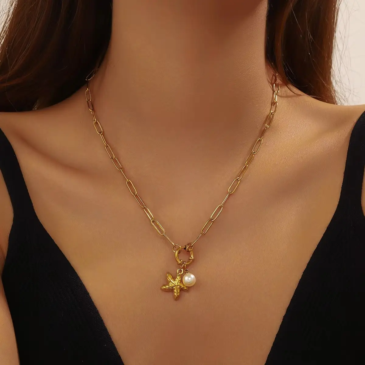 316L Stainless Steel Golden Ocean Style Starfish Pearl Pendant Necklace Lady New Summer Beach Neck Chain Jewelry Gift