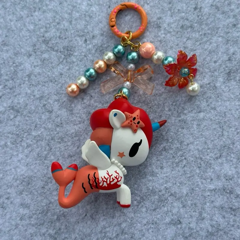 Adorable mermaid Unicorn Keychain with Beads and Flower Charm - Perfect for Keychains and Accessories