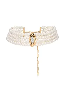 Freshwater Pearl Luxe Choker – 18K Gold Plated Multi-Row Pearl Necklace with CZ Accent, Statement Choker Jewelry