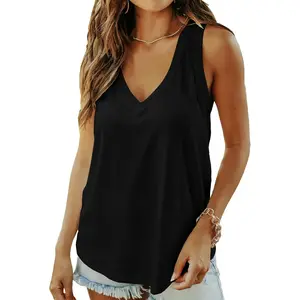 Women Summer Deep V Neck Tank Top Loose Fit Flowy Sleeveless Shirt