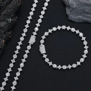 Luxury Silver Tone Iced Out Tennis Necklace Bracelet Set for Men Women, Sparkly CZ Link Chain Jewelry Set, Hip Hop Statement Streetwear Gift for Party Fashion