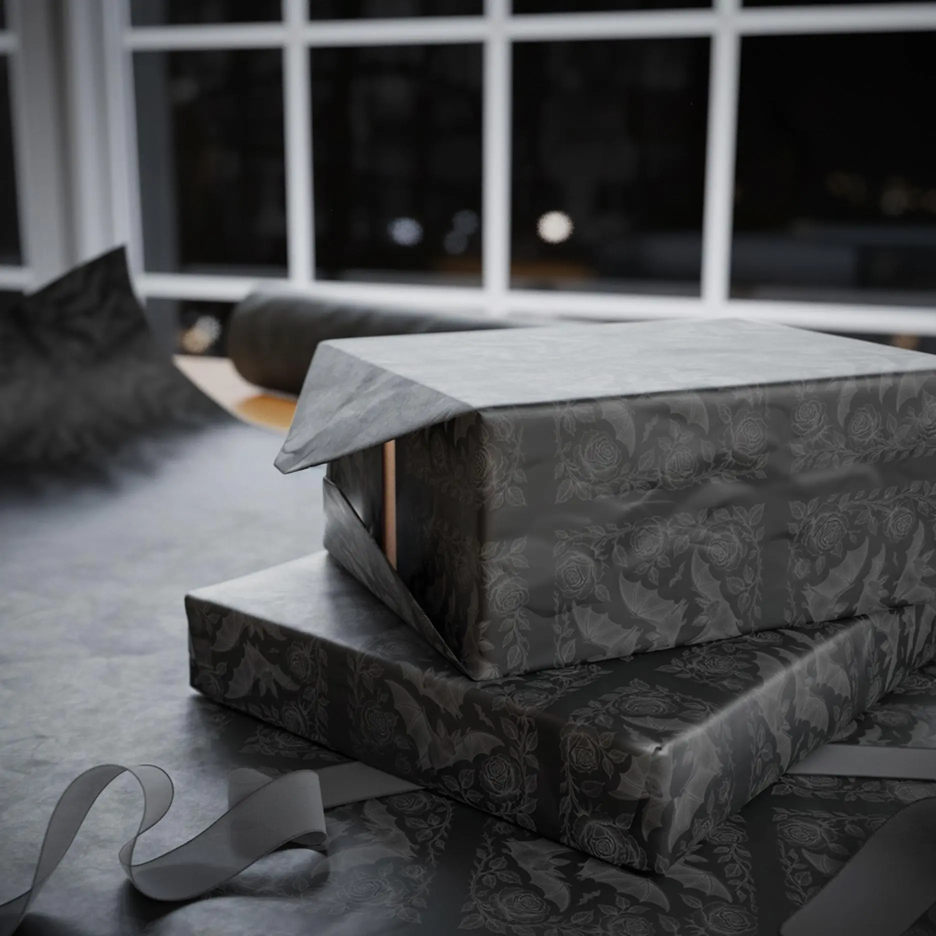 Bats and Roses Black Wrapping Paper, Gothic Dark Academia Gift Wrap, Floral Bat Present Paper with Moody Victorian and Witchy Aesthetic