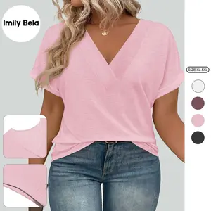 Imily Bela 【XL-5XL】Womens Plus Size V Neck T Shirts Short Sleeve Summer Dressy Casual Tunic Tops Loose Fit Tees Blouse