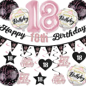 18th Birthday Decorations Set, & Glitter Banner, 18 Number Foil Balloons, Hanging Swirls & Pennant Bunting, Girl's Party Supplies