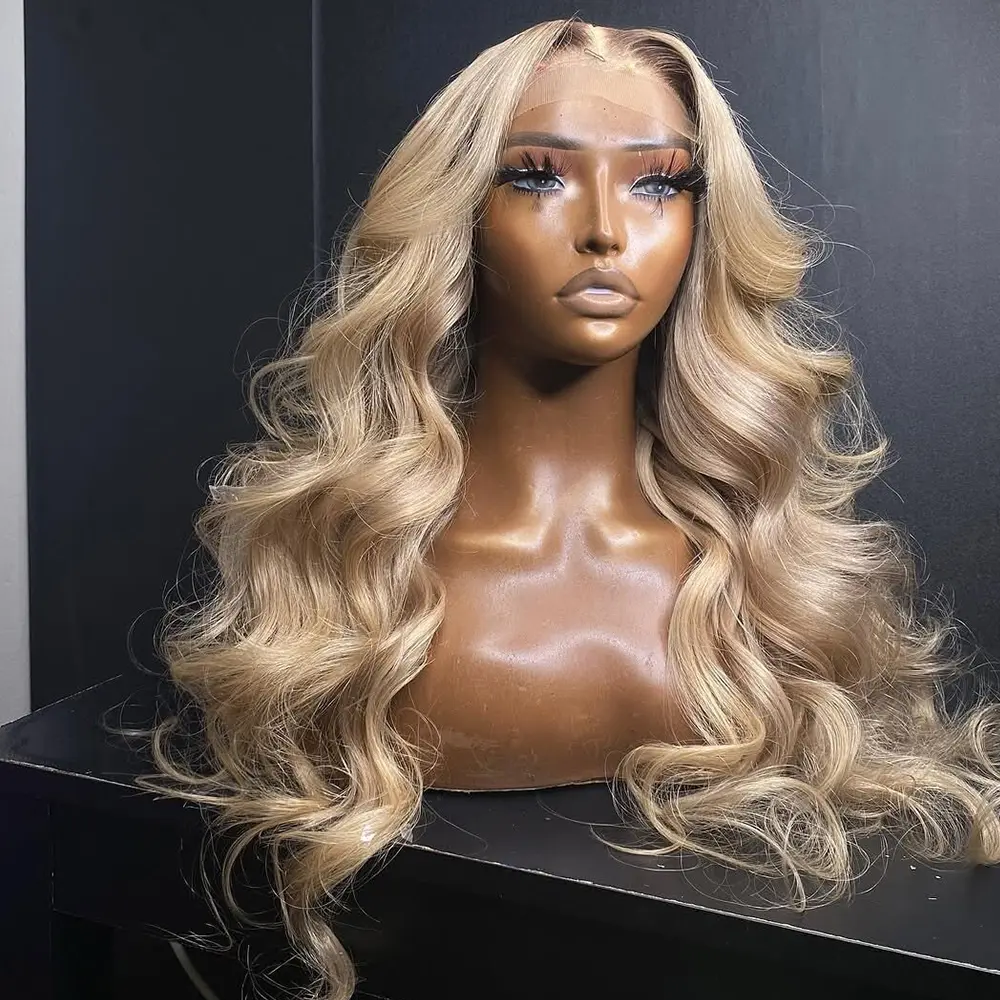 Ombre Brown Roots Ash Blonde Body Wave Wigs 13X6 HD Transparent Lace Front Human Hair 180% Density For Woman Glueless Ombre Blonde Colored Pre-Cut Lace Drawstring Wig Pre Plucked With Baby Hair
