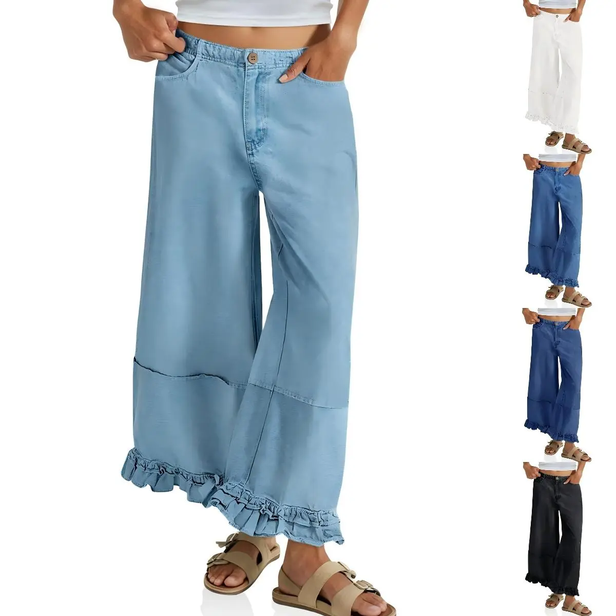 PASLTER Women's Ruffle Wide-Leg Cropped Elastic High-Waisted Baggy Denim Bottoms with Pockets, Streetwear Style, Cotton-Polyester Fabric, Baggy Jeans