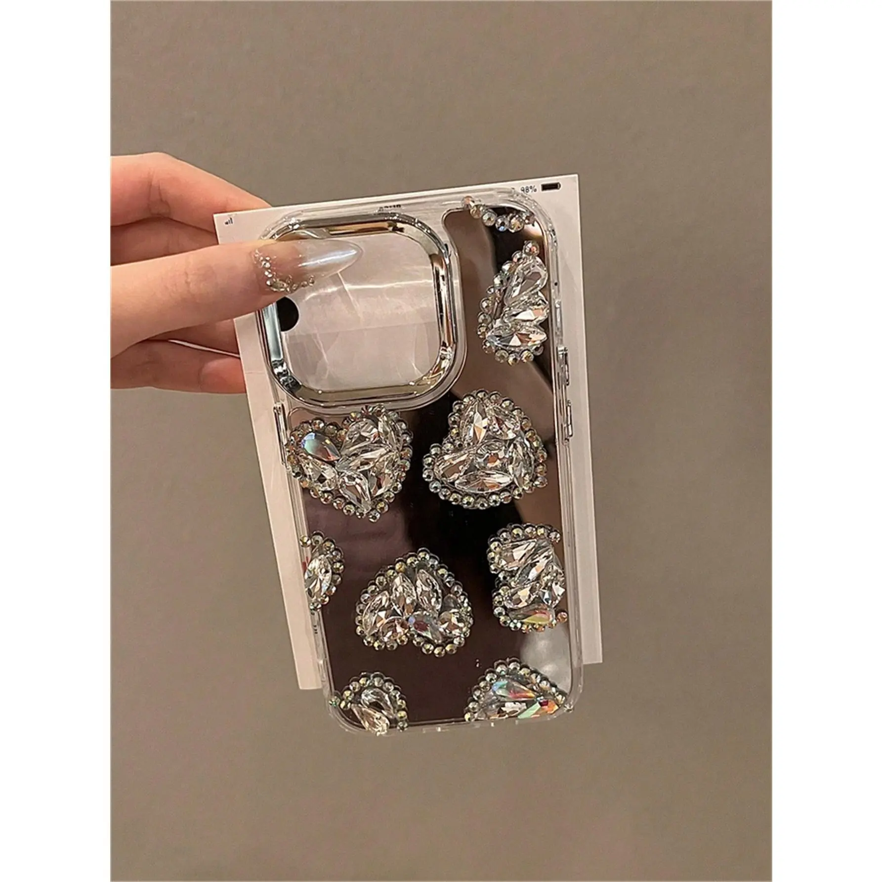 Novelty Wavy Phone Case Y2K Mirrored Silver Rhinestone Heart Shape Protective Phone Case Compatible With Iphone 14 Pro Max/14 Pro/14, IPhone 15 Pro Max/15 Pro/15, IPhone 16 Pro Max/16 Pro/16, IPhone 13 Pro Max/13 Pro/13, IPhone 12/11