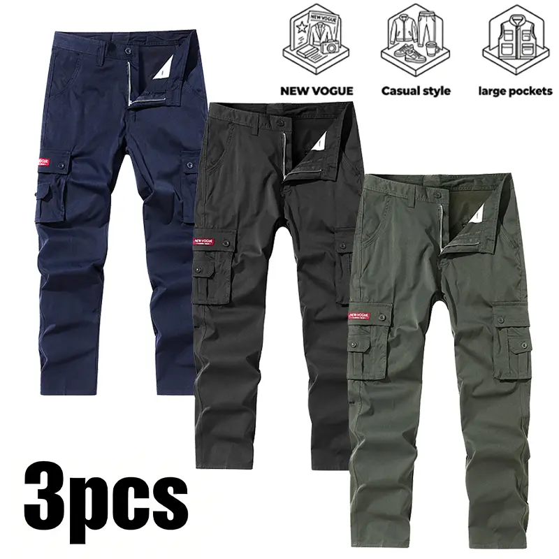 3 Pack Men's Cargo Pants Large Utility Pockets Casual Style Relaxed Fit Work Outdoor Daily Wear Trousers zipper autumn father ideal comfortable aesthetic breathable fatigue men durable military streetwear all-season gent fashion