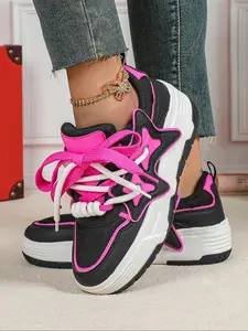 Women's Fashionable Patchwork Star Design Lace Up Low Top Sneakers, Casual Comfortable Breathable Sports Running Shoes, Athletic Shoes, Female All-match Round Toe Shoes for Daily Wear