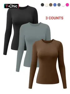 Women's Solid Round Neck Long Sleeve Tee, Casual Basic T-shirt for Daily Wear, Ladies Clothes for Winter, T Shirts for Women